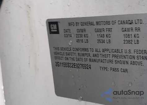 2014 Chevrolet Impala 2Lz from USA, damaged, VIN 2G1155S32E9276924